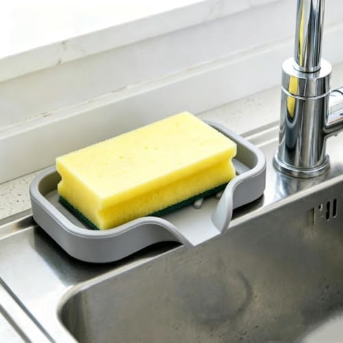 Grey self-draining silicone soap dish and sponge holder