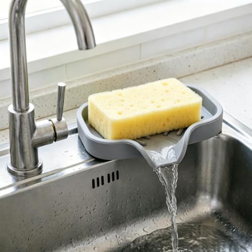 Grey self-draining silicone soap dish and sponge holder